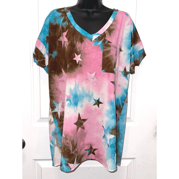 Sew In Love Tops - Sew in Love pink/blue/brown star print tee